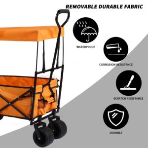 Heavy Duty Collapsible Cart, Foldable Cart Outdoor Utility Wagon w/4 * 7'' All-Terrain Wheels & Adjustable Handle & Extra Canopy & 2 Mesh Bags for Camping Fishing, Dog Wagon (Orange)