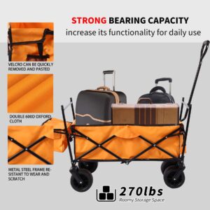 Heavy Duty Collapsible Cart, Foldable Cart Outdoor Utility Wagon w/4 * 7'' All-Terrain Wheels & Adjustable Handle & Extra Canopy & 2 Mesh Bags for Camping Fishing, Dog Wagon (Orange)