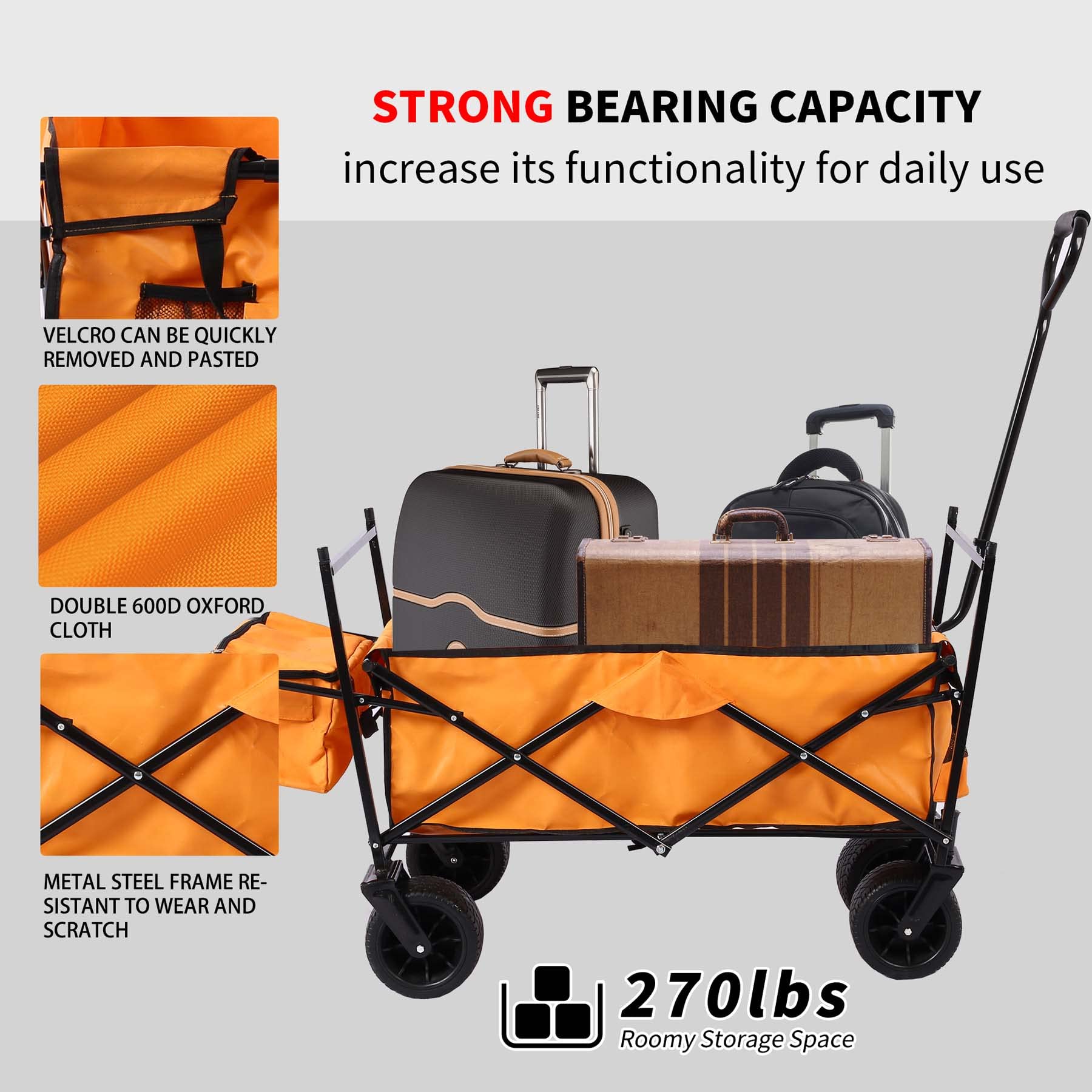 Heavy Duty Collapsible Cart, Foldable Cart Outdoor Utility Wagon w/4 * 7'' All-Terrain Wheels & Adjustable Handle & Extra Canopy & 2 Mesh Bags for Camping Fishing, Dog Wagon (Orange)