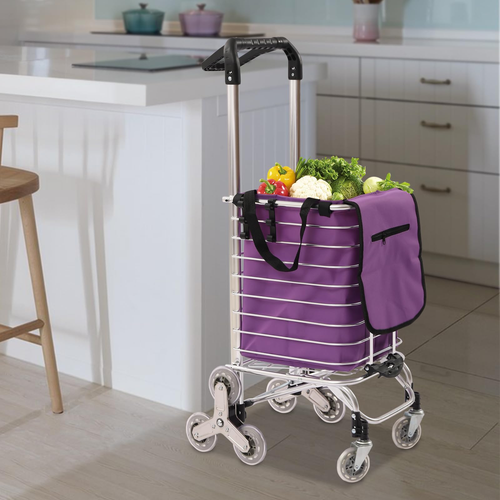 Cutycaty Folding Shopping Cart, Urban Stair Climbing Cart Grocery Laundry Shopping Handcart with 8 Wheels, Stainless Steel Portable Rolling Cart Utility Carts for Groceries Pantry(35L, Purple)