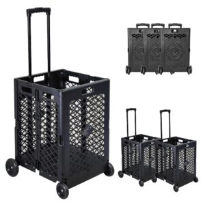 endynino 3 pcs foldable rolling crate with wheels, folding heavy duty collapsible basket with telescopic handle, 66 lbs capacity rolling cart for shopping,travel, laundry, black, large