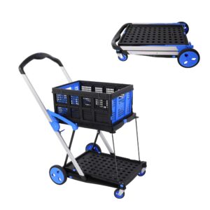 TRY & DO Multi Functional Collapsible Carts, Adjustable Utility Shopping Cart with Storage Basket, Rolling Swivel Wheels, 2-Layer Folding Trolley for Home, Supermarket, Black and Blue