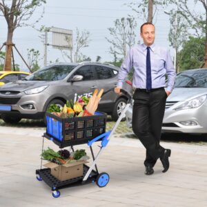 TRY & DO Multi Functional Collapsible Carts, Adjustable Utility Shopping Cart with Storage Basket, Rolling Swivel Wheels, 2-Layer Folding Trolley for Home, Supermarket, Black and Blue