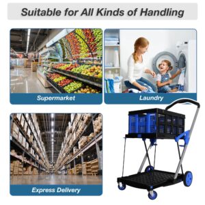 TRY & DO Multi Functional Collapsible Carts, Adjustable Utility Shopping Cart with Storage Basket, Rolling Swivel Wheels, 2-Layer Folding Trolley for Home, Supermarket, Black and Blue