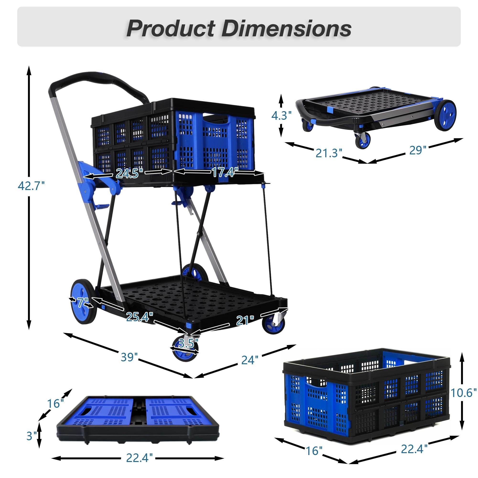 TRY & DO Multi Functional Collapsible Carts, Adjustable Utility Shopping Cart with Storage Basket, Rolling Swivel Wheels, 2-Layer Folding Trolley for Home, Supermarket, Black and Blue