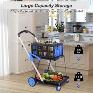 TRY & DO Multi Functional Collapsible Carts, Adjustable Utility Shopping Cart with Storage Basket, Rolling Swivel Wheels, 2-Layer Folding Trolley for Home, Supermarket, Black and Blue