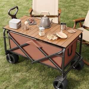 Collapsible Foldable Wagon with 440lbs Weight Capacity, Heavy Duty Folding Utility Garden Cart with Big All-Terrain Beach Wheels with Aluminum Table Plate