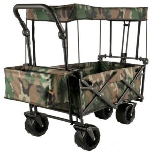 Collapsible Folding Wagon with Removable Canopy - Heavy Duty Utility Cart for Garden, Camping, and Beach with Wheels and Rear Storage - Camouflage