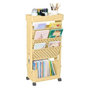 YEMUNY 5 Tier Rolling Utility Cart Multi-Functional Movable Storage Book Shelves with Lockable Casters for Study Office Kitchen Classroom, Yellow