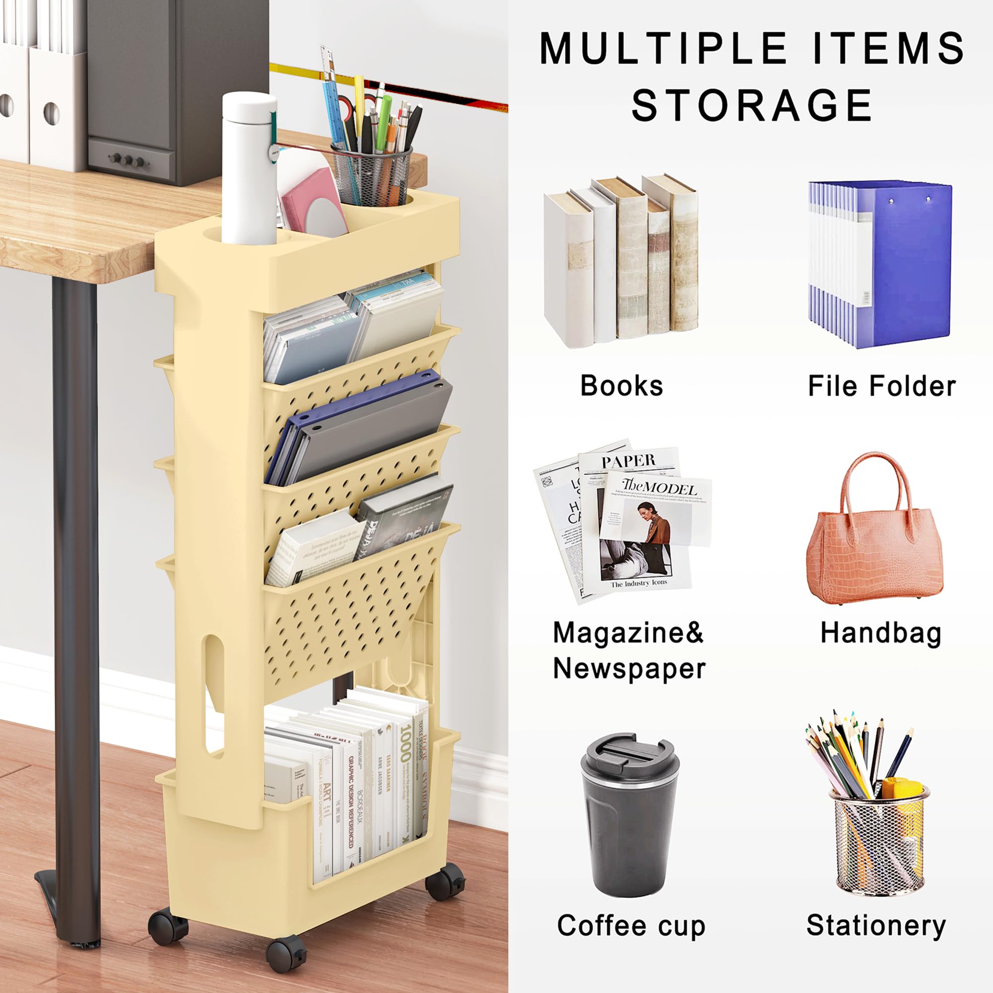 YEMUNY 5 Tier Rolling Utility Cart Multi-Functional Movable Storage Book Shelves with Lockable Casters for Study Office Kitchen Classroom, Yellow