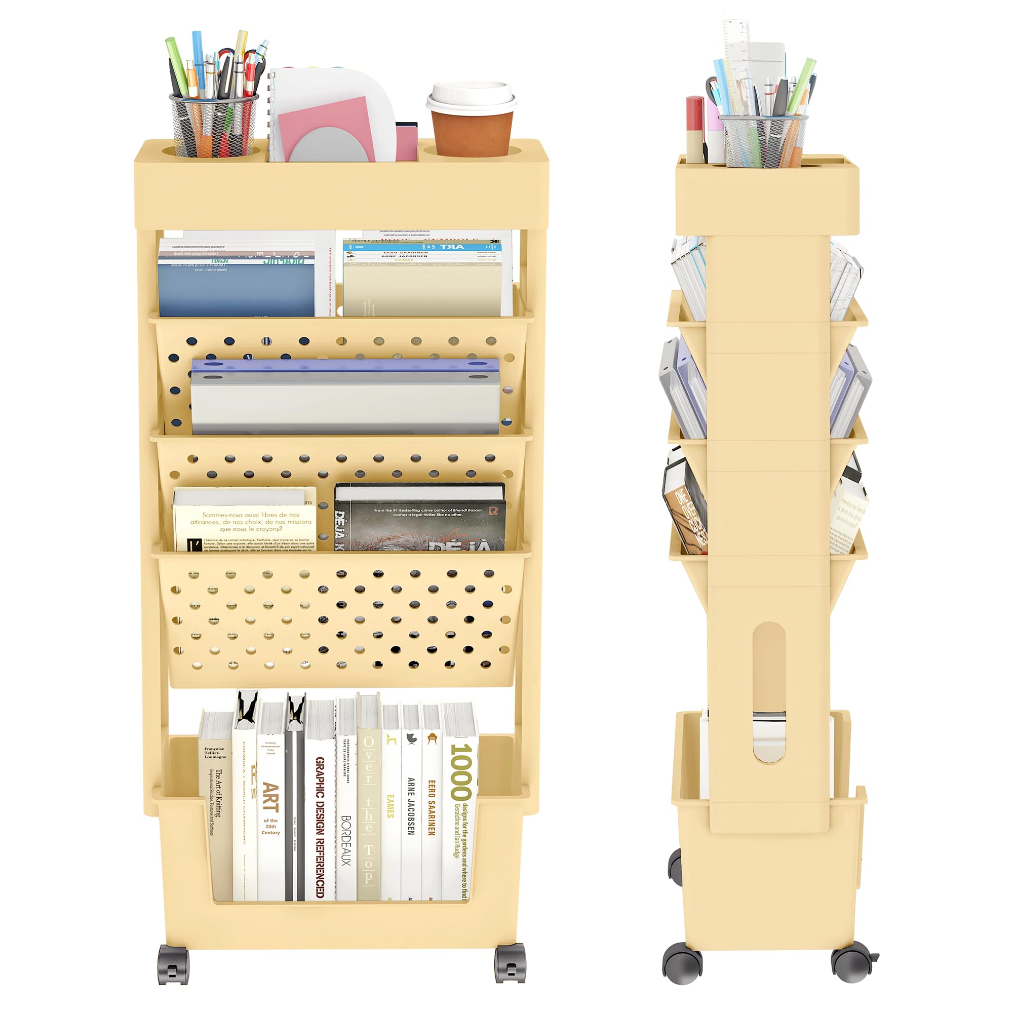 YEMUNY 5 Tier Rolling Utility Cart Multi-Functional Movable Storage Book Shelves with Lockable Casters for Study Office Kitchen Classroom, Yellow