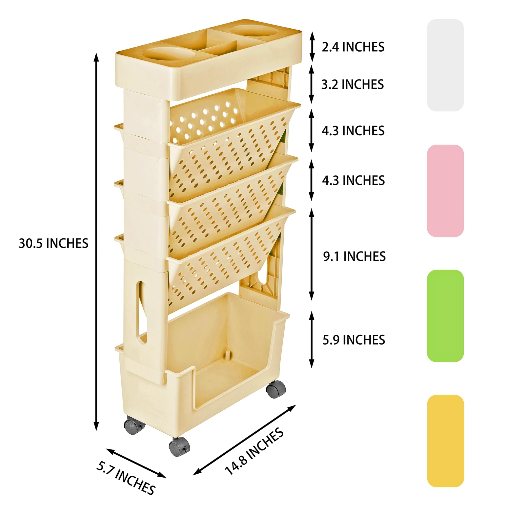 YEMUNY 5 Tier Rolling Utility Cart Multi-Functional Movable Storage Book Shelves with Lockable Casters for Study Office Kitchen Classroom, Yellow