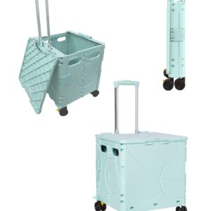 Kutatek Foldable Utility Cart, Collapsible Rolling Crate, 4 Universal Wheels with Two Brakes, Never-Lost Hinged Lid, Telescopic Handle for Home, Grocery, Office, School, Camping use (Mint, 1.8 Cu Ft)