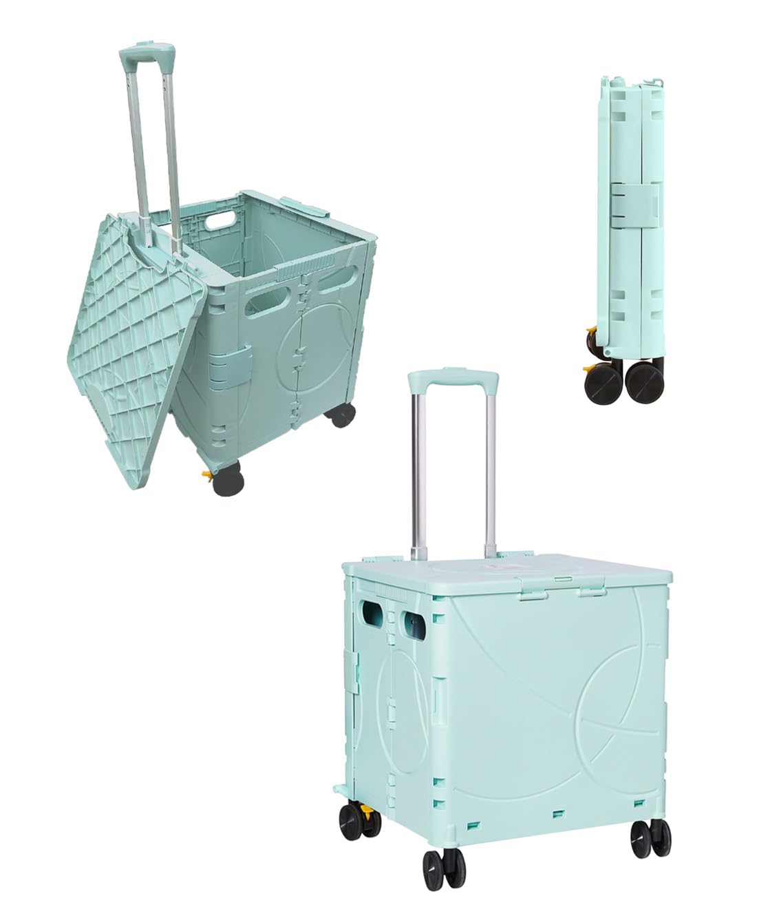 Kutatek Foldable Utility Cart, Collapsible Rolling Crate, 4 Universal Wheels with Two Brakes, Never-Lost Hinged Lid, Telescopic Handle for Home, Grocery, Office, School, Camping use (Mint, 1.8 Cu Ft)