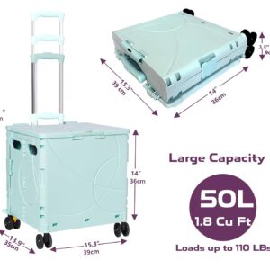 Kutatek Foldable Utility Cart, Collapsible Rolling Crate, 4 Universal Wheels with Two Brakes, Never-Lost Hinged Lid, Telescopic Handle for Home, Grocery, Office, School, Camping use (Mint, 1.8 Cu Ft)