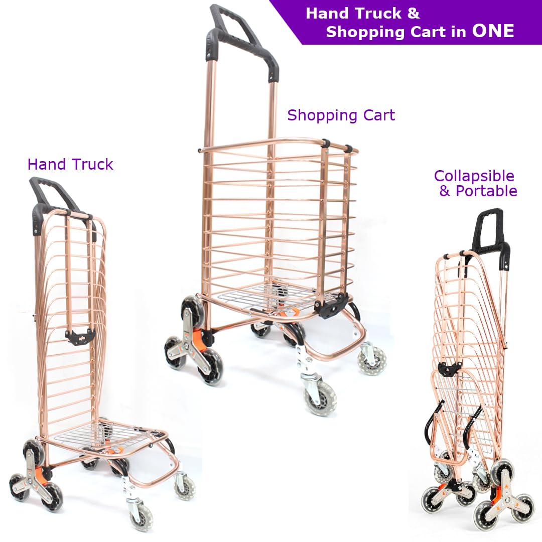 Kallwong Deluxe Shopping Carts for Groceries Foldable,Stair Climbing Heavy Duty & Lightweight Utility Cart with Waterproof Liner Basket, Elastic Cord for Luggage,Laundry,Camping,Transport (Golden)