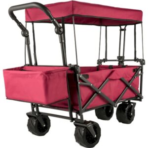 collapsible garden cart with removable canopy, xl folding wagon utility carts for camping, grocery, and shopping, red