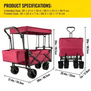 Collapsible Garden Cart with Removable Canopy, XL Folding Wagon Utility Carts for Camping, Grocery, and Shopping, Red