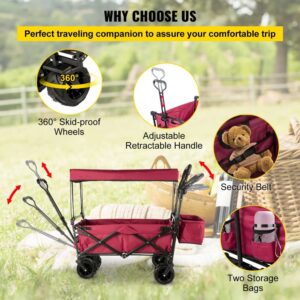 Collapsible Garden Cart with Removable Canopy, XL Folding Wagon Utility Carts for Camping, Grocery, and Shopping, Red