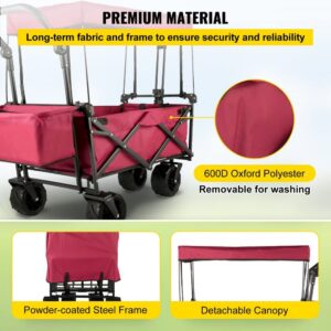 Collapsible Garden Cart with Removable Canopy, XL Folding Wagon Utility Carts for Camping, Grocery, and Shopping, Red