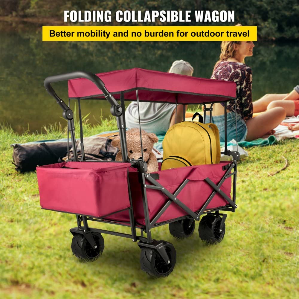 Collapsible Garden Cart with Removable Canopy, XL Folding Wagon Utility Carts for Camping, Grocery, and Shopping, Red