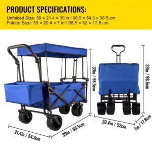 Utility Wagon with Canopy and Rear Storage - Collapsible Folding Garden Cart for Camping, Groceries, and Shopping - Blue