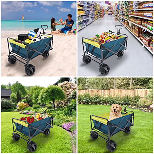 Folding Wagon Cart, Collapsible Beach Cart - 7" PU Wheels - Outdoor Utility Garden Cart for Beach Camping Shopping - 220lbs Weight Capacity - Adjustable Handle and Drink Holders