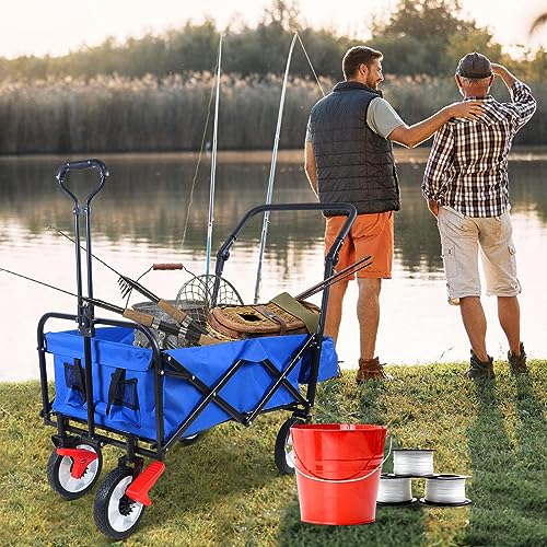 Wrilibo Collapsible Folding Wagon with Wheels Brakes Heavy Duty Outdoor Utility Wagon Cart All Terrain Foldable Beach Wagon with Adjustable Handle Garden Cart with Side Pockets, Blue