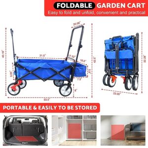 Wrilibo Collapsible Folding Wagon with Wheels Brakes Heavy Duty Outdoor Utility Wagon Cart All Terrain Foldable Beach Wagon with Adjustable Handle Garden Cart with Side Pockets, Blue