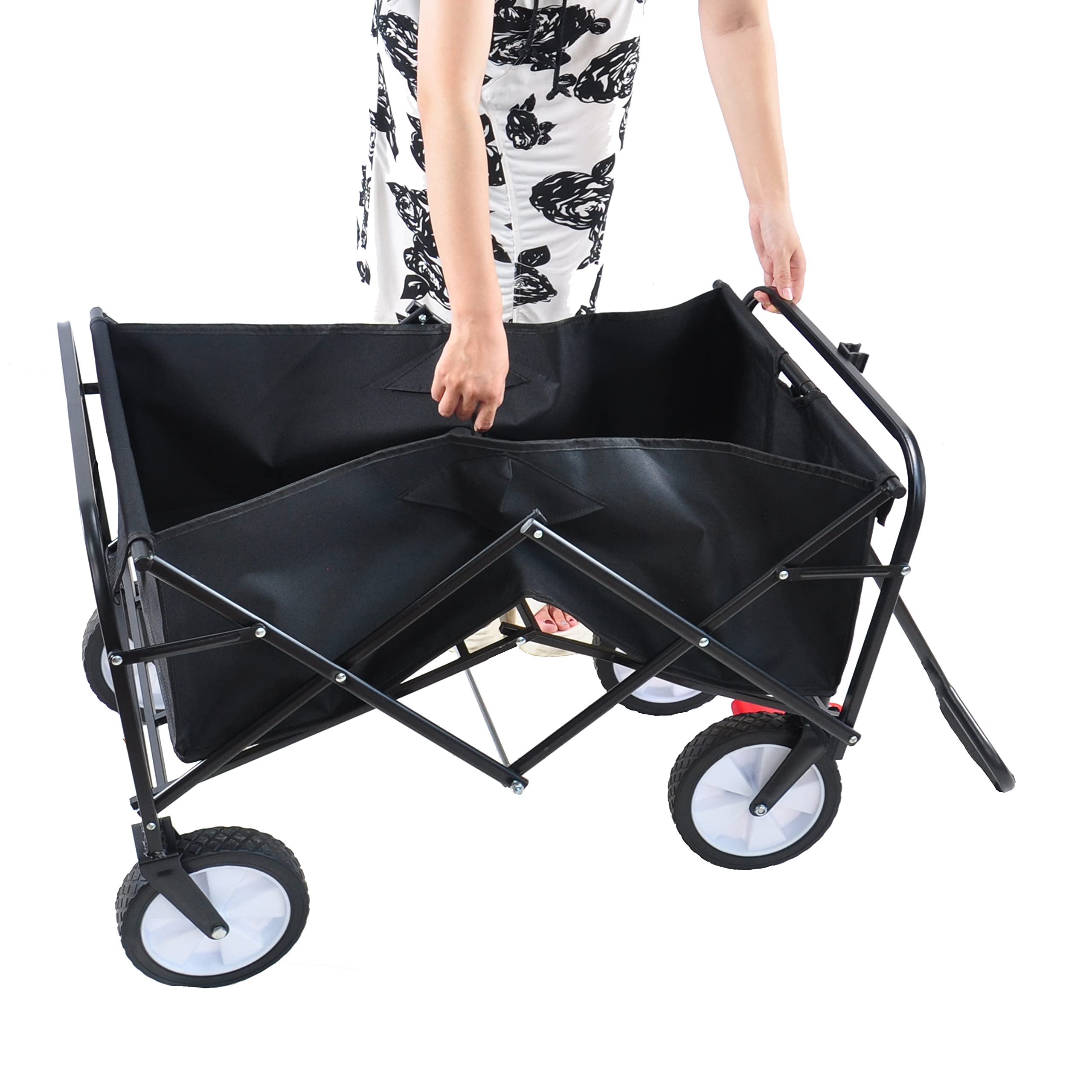 Collapsible Folding Wagon Cart, Outdoor Beach Wagon,Heavy Duty Fold able Utility Wagon,Portable Large Capacity Garden Cart for Camping Outdoor Beach Garden Grocery Shopping(Black)