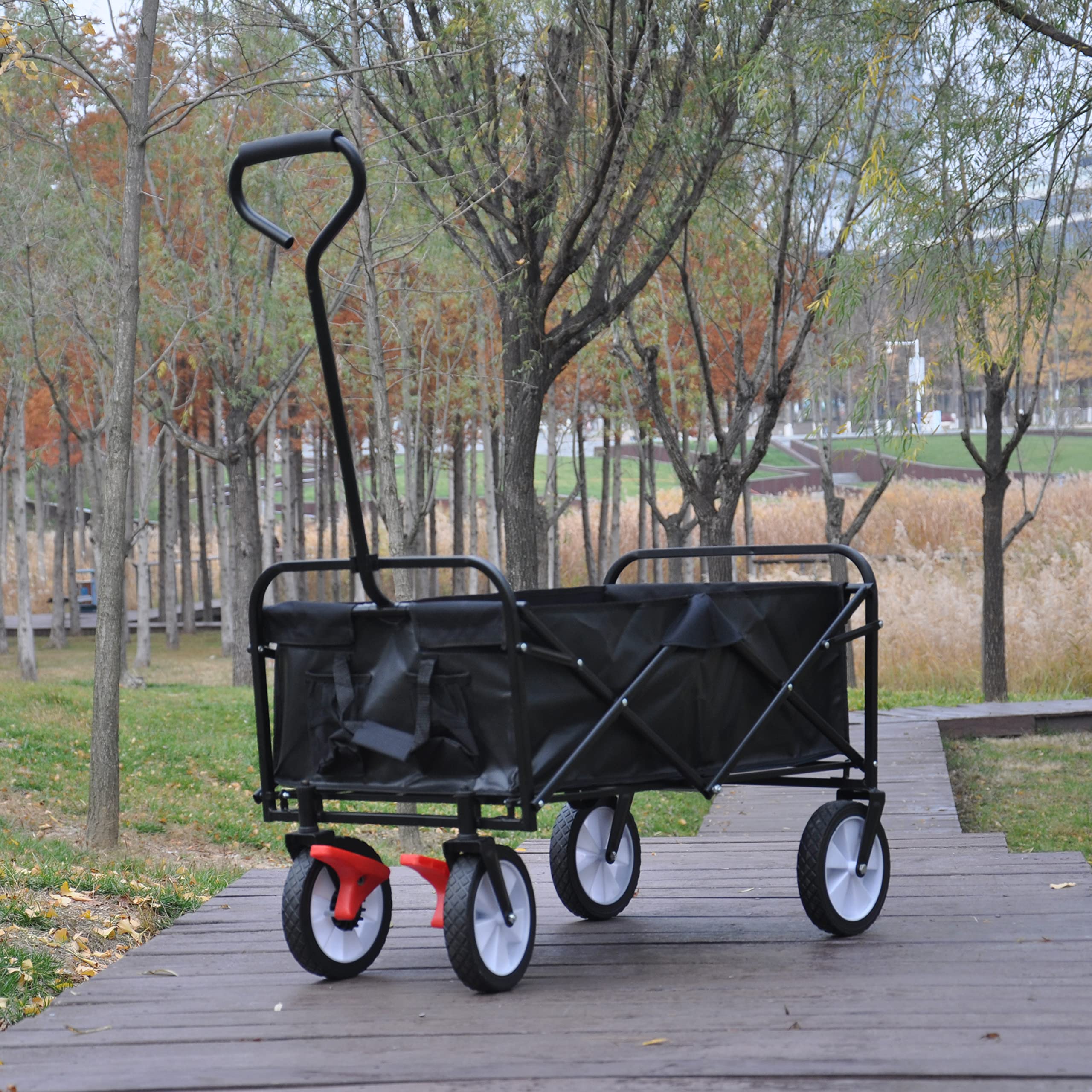 Collapsible Folding Wagon Cart, Outdoor Beach Wagon,Heavy Duty Fold able Utility Wagon,Portable Large Capacity Garden Cart for Camping Outdoor Beach Garden Grocery Shopping(Black)