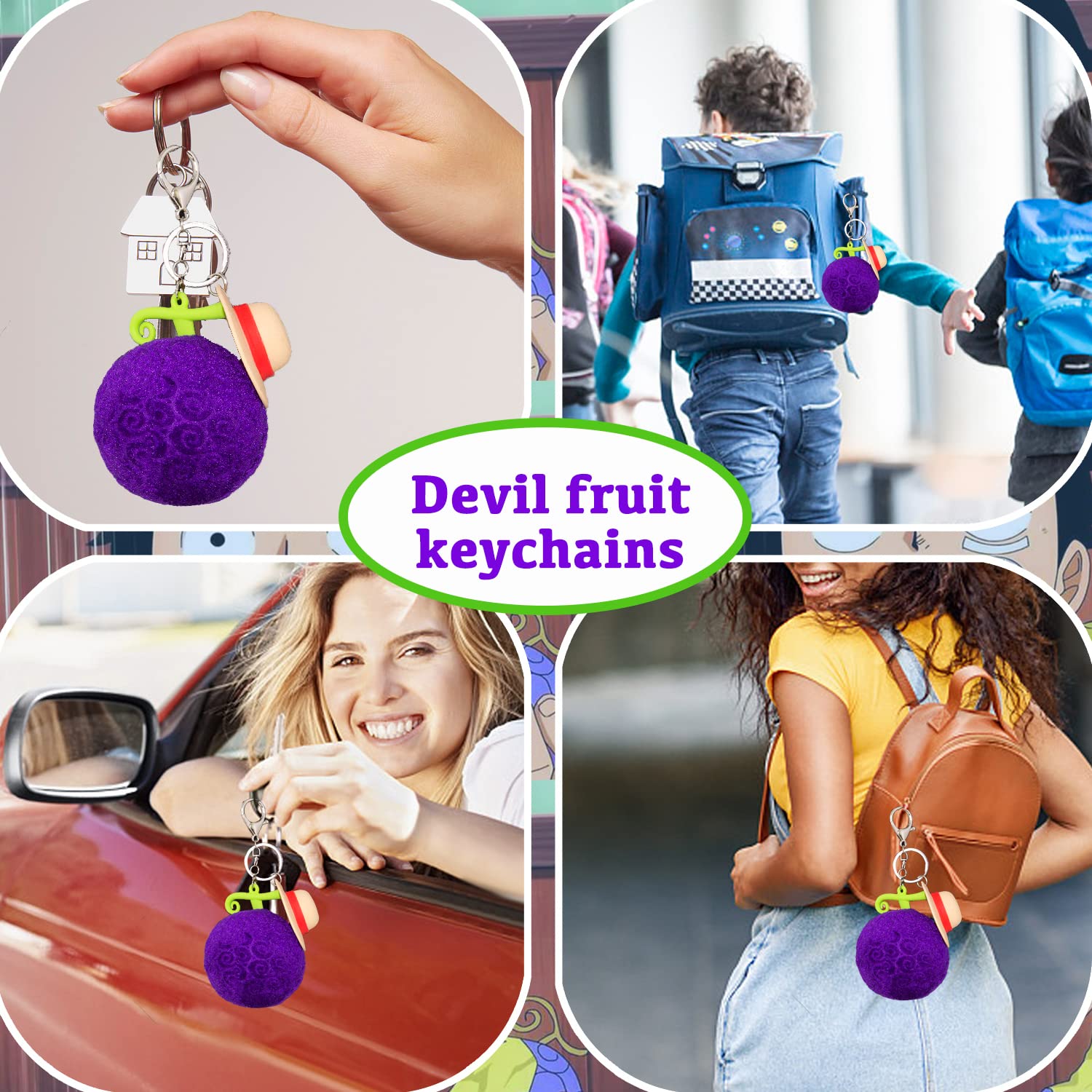 Plush One Piece Keychains for Backpack Luffy Devil Fruit Brook Head Novelty Keychain Charms for anime Fans Gift Idea (Purple)