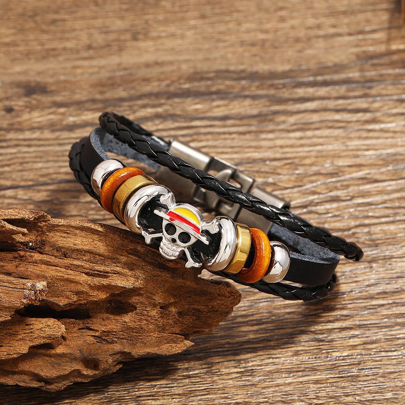 Anime One Piece Leather Bracelets, Pirate Bracelet Punk Skull Bracelets for Boys Black Braided Bracelets for Men Handmade Jewelry Wristband Strand Bracelets Halloween Gifts