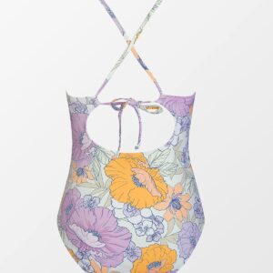 CUPSHE Women Swimsuit One Piece Tummy Control Ruched Self Tie Cutout Floral Bathing Suit, M Lavender