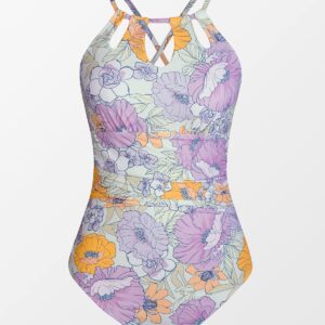 CUPSHE Women Swimsuit One Piece Tummy Control Ruched Self Tie Cutout Floral Bathing Suit, M Lavender