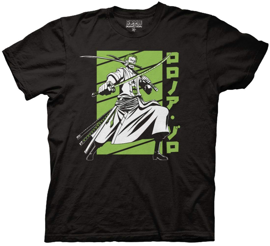 Ripple Junction One Piece Men's Short Sleeve T-Shirt Roronoa Zoro Pirate Hunter W/Swords Crew Neck Black Large