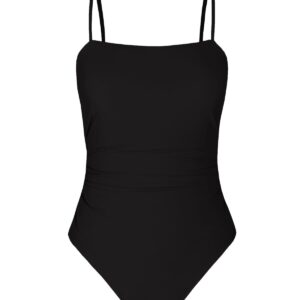 CUPSHE Women's One Piece Swimsuit Square Neck Cutout Back Tummy Control Adjustable Straps Striped Swimwear, L Black