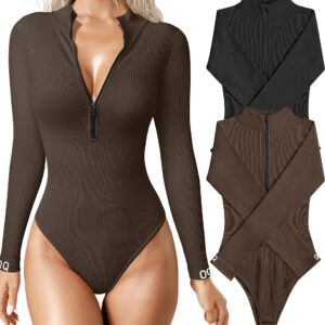 OQQ Women's 2 Piece Bodysuits Sexy Ribbed One Piece Zip Front Long Sleeve Tops Bodysuits Black Darkbrown