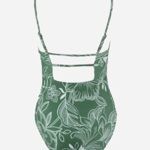 CUPSHE Women Swimsuit One Piece Bathing Suit Square Neck Cutout Back Tummy Control with Adjustable Spaghetti Straps, M Green Floral