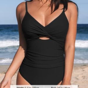 CUPSHE One Piece Swimsuit for Women Bathing Suits Twist Front Cutout Adjustable Straps Ruched Swimwear M, Black