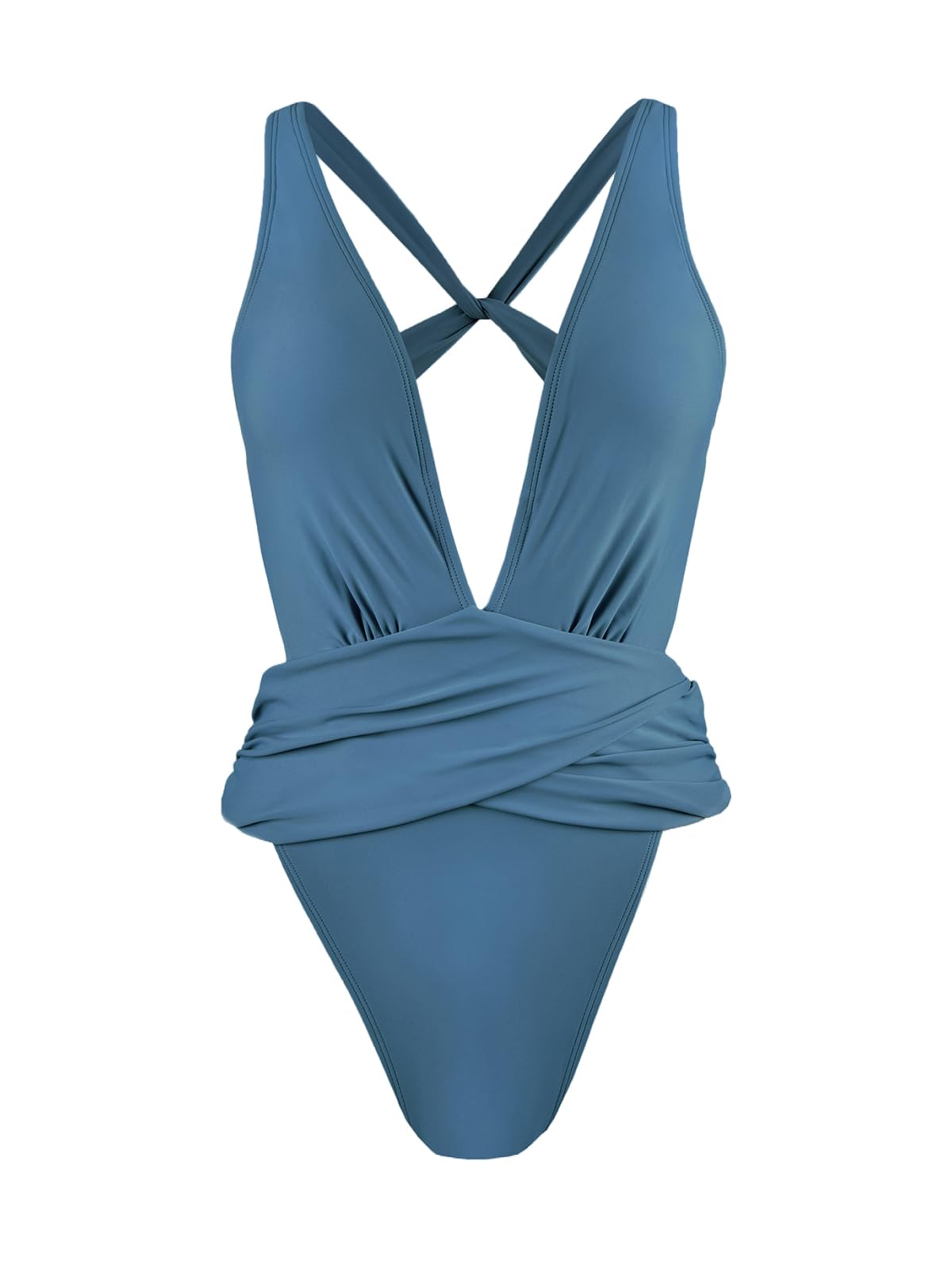 CUPSHE One Piece Swimsuit for Women Bathing Suit Cut Out Cross Back Tie Deep V Neck Ruched High Cut,L Sapphire Blue