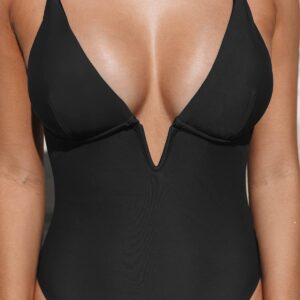 CUPSHE Women Swimsuit One Piece Bathing Suit Deep V Neck Crisscross Back Adjustable Strap Black L