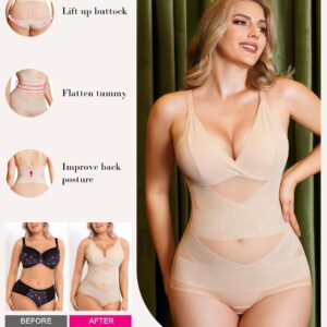 Nebility Women V Neck Shapewear Tummy Control Bodysuit Tank Top Full Body Shaper One Piece Cami Leotard (Large, Beige Normal Size)