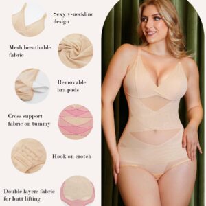 Nebility Women V Neck Shapewear Tummy Control Bodysuit Tank Top Full Body Shaper One Piece Cami Leotard (Large, Beige Normal Size)