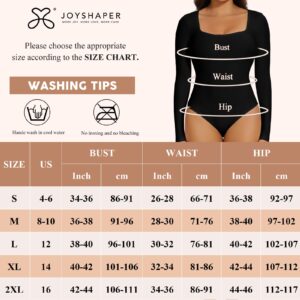 JOYSHAPER Women's Bodysuits Square Neck Long Sleeve Stretchy Basic One Piece Bodysuit Shirt Tops Black L