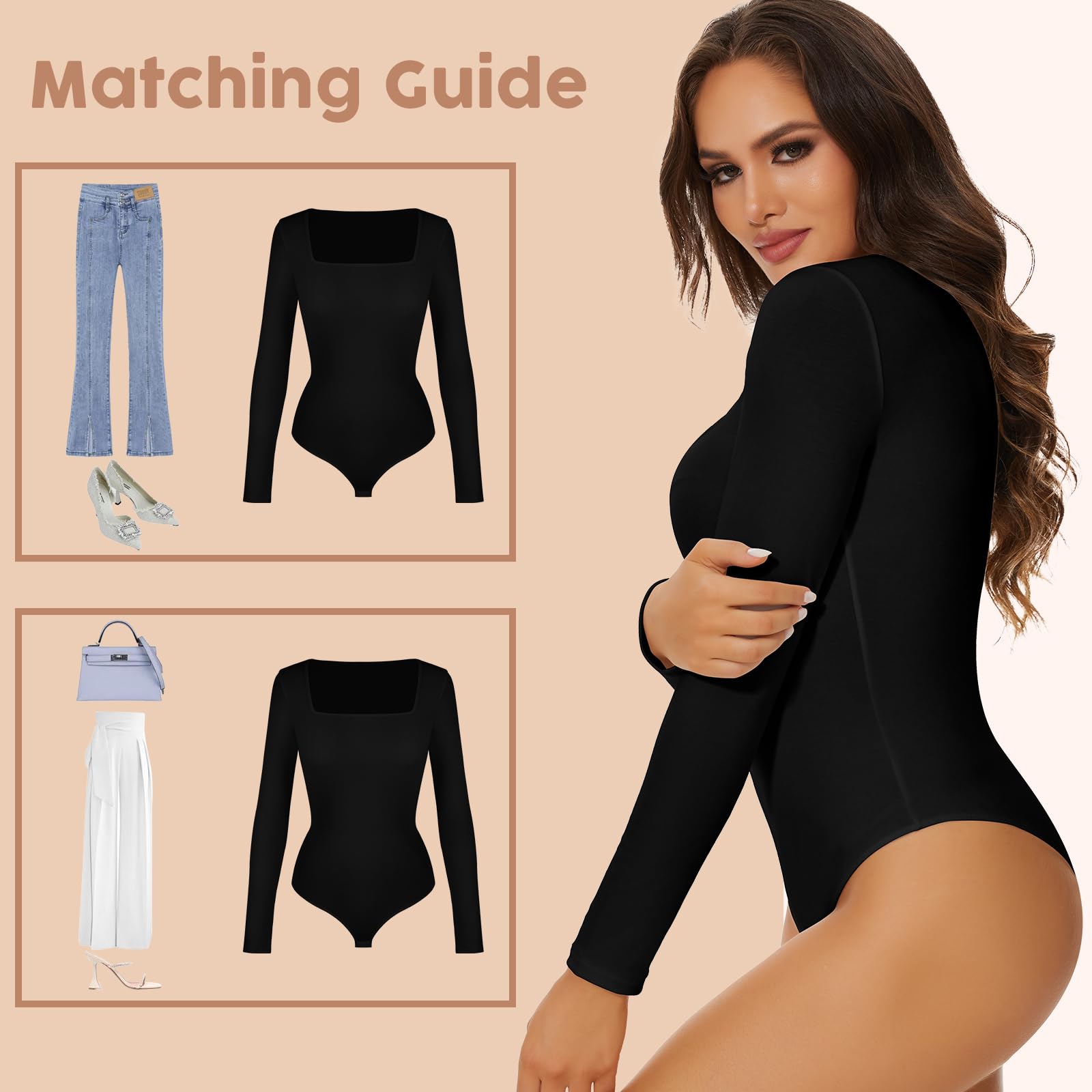 JOYSHAPER Women's Bodysuits Square Neck Long Sleeve Stretchy Basic One Piece Bodysuit Shirt Tops Black L