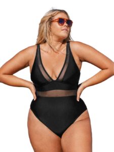 cupshe women plus size one piece swimsuit v neck mesh sheer tummy control bathing suit with adjustable wide straps, 1x black