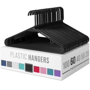 clothes hangers plastic 60 pack - black plastic hangers - makes the perfect coat hanger and general space saving clothes hangers for closet - percheros ganchos para colgar ropa hangars