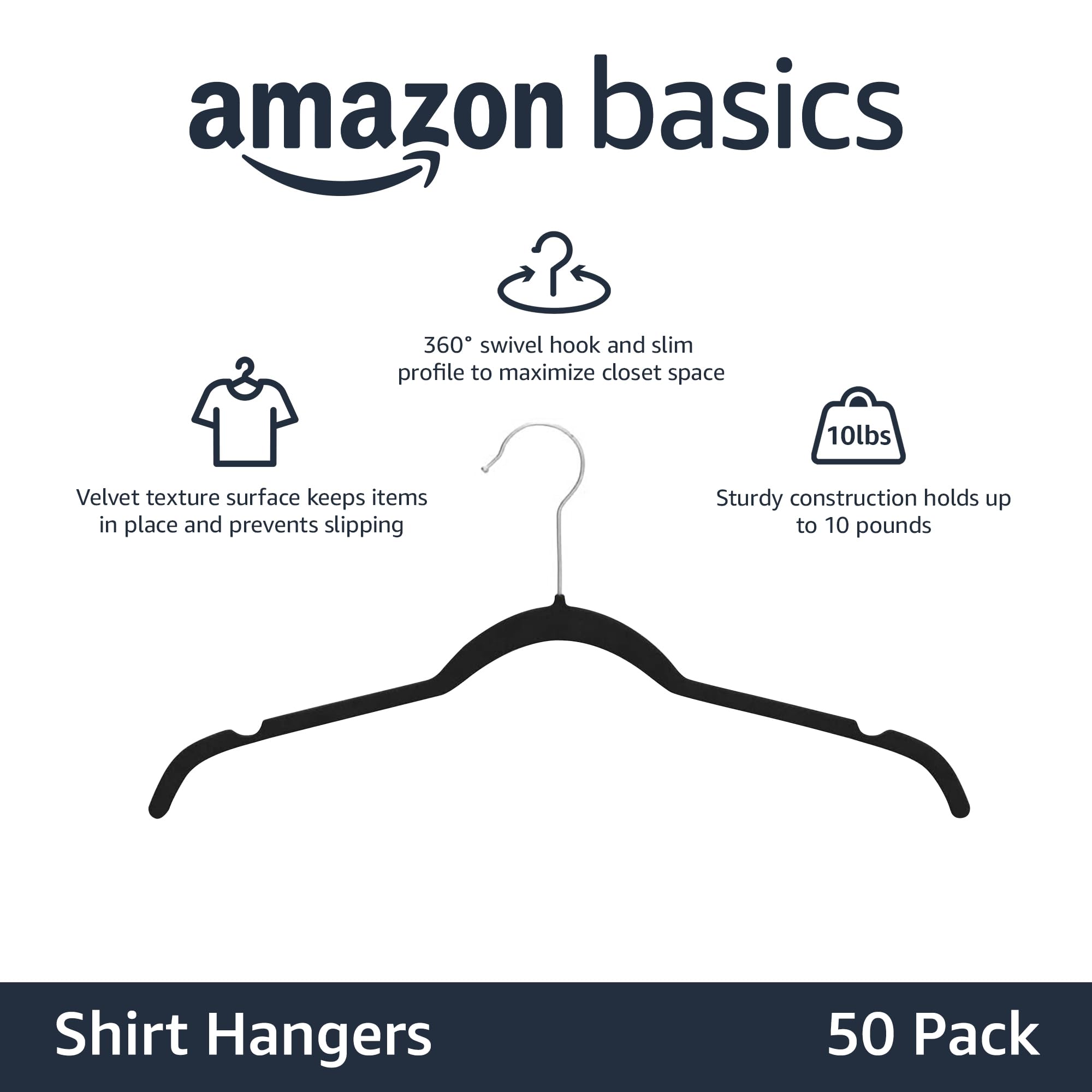 Amazon Basics Slim, Velvet, Non-Slip Shirt Clothes Hangers, Black/Silver - Pack of 50