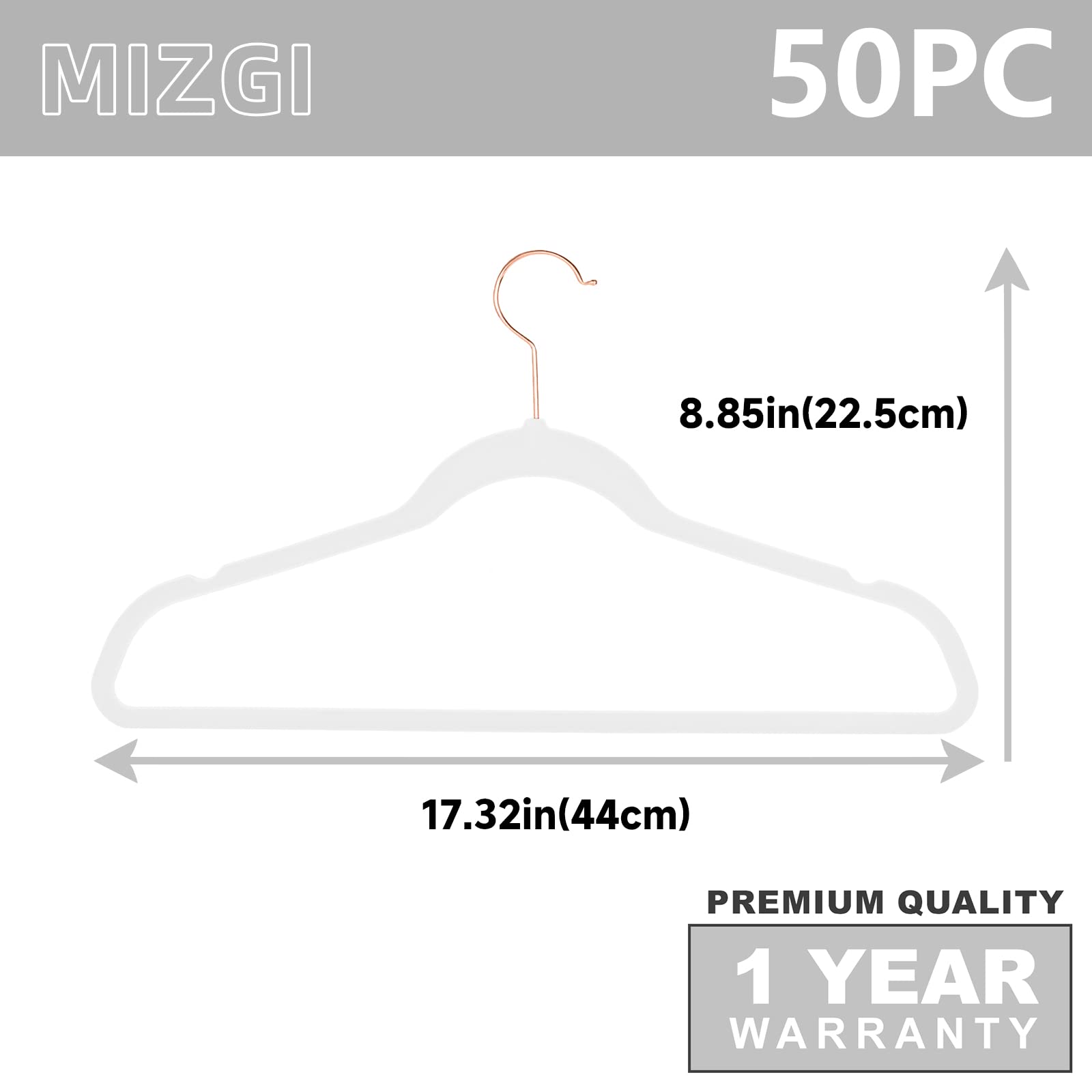 MIZGI Premium Velvet Hangers (50 Pack) Heavy Duty - Non Slip Felt Hangers - White - Rose Gold Swivel Hooks,Space Saving Clothes Hangers,Durable Strong Hangers for Suits,Coats,Dress